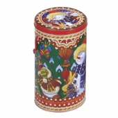 round chocolate tin box with rope handle