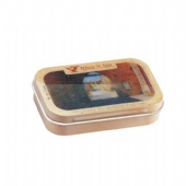 small rectangular food metal tin box with hinged lid