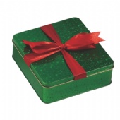 Square candy gift tin with ribbon