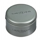 gray round candy tin with embossing