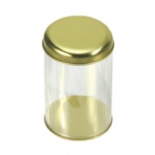 round tin candy box with clear body