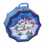 flower shaped Christmas tin with handle and lock