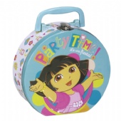 half round shaped candy tin box with plastic handle and metal lock