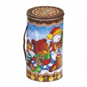 round popcorn tin box with string handle